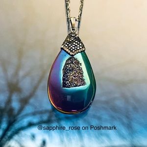 Cosmic Rainbow Aura Womens Titanium Crystal Drusy Druzy Drop Pendant Necklace